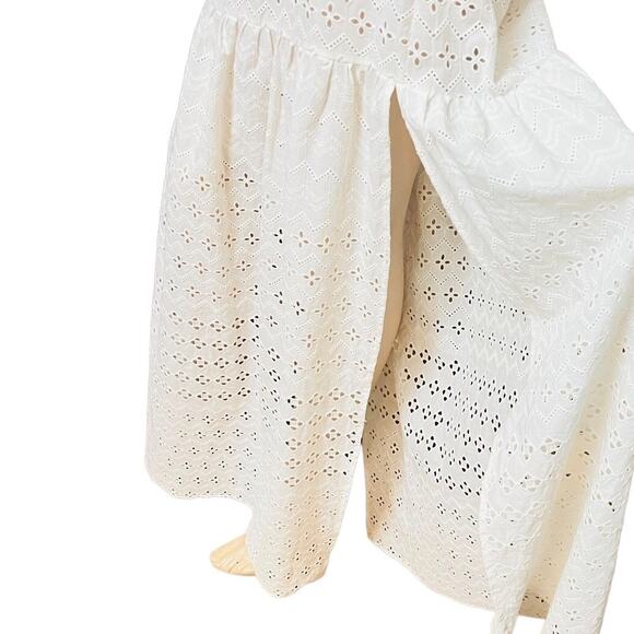 Natural Rough Cotton Off-white Eyelet Maxi Dress Size Fit L Slit on Both Sides - Picture 4 of 15